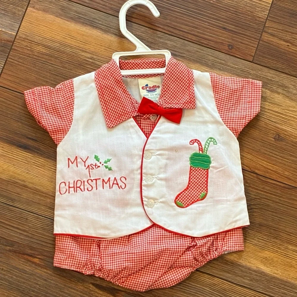 Vintage Cradle Togs My 1st Christmas Red Gingham Baby Outfit 0–6 Months - Picture 10 of 10